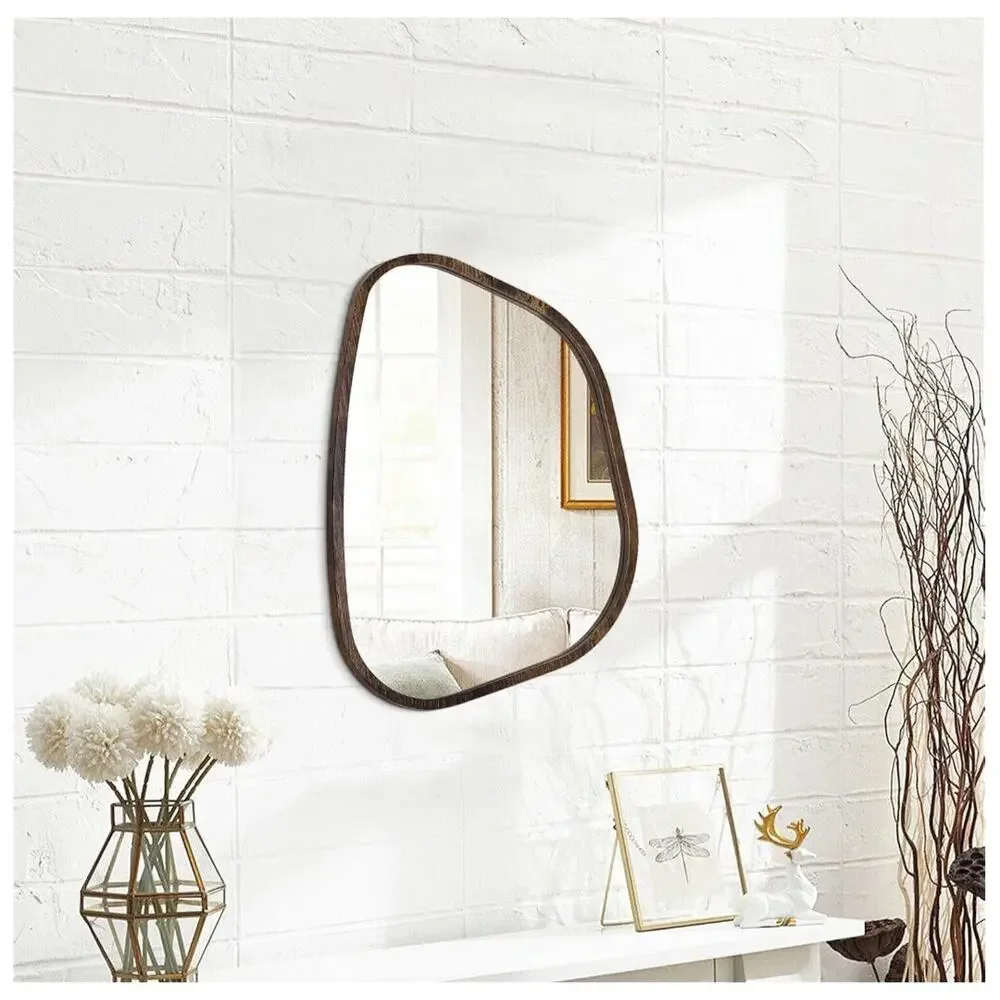 Brown Asymmetrical Wall Mirror 20x16 Irregular Oval Wood Frame Modern Decor